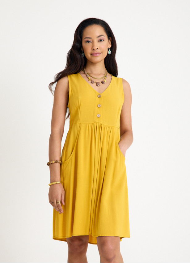 V Neck Button Detail Sleeveless Yellow Casual Dress 4578
